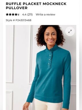 Talbots Teal Ruffle Placket Mockneck Pullover - size XL